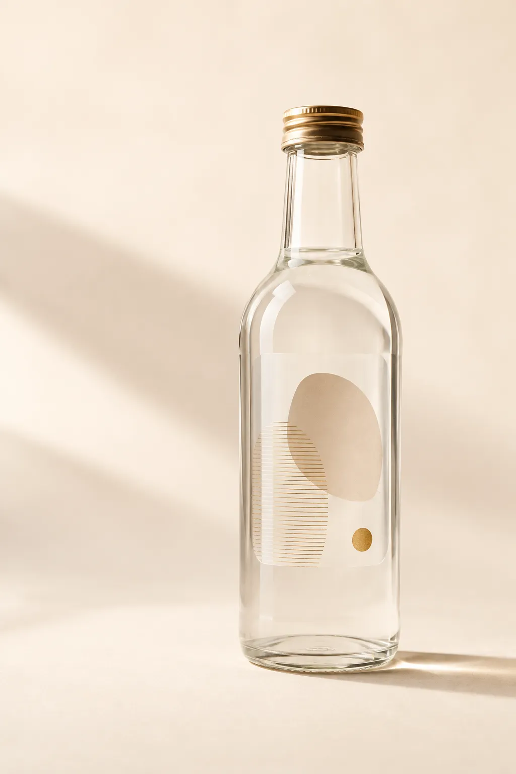 Klare Glasflasche mit transparentem PP-Etikett, Glas und Inhalt durch das Etikett sichtbar